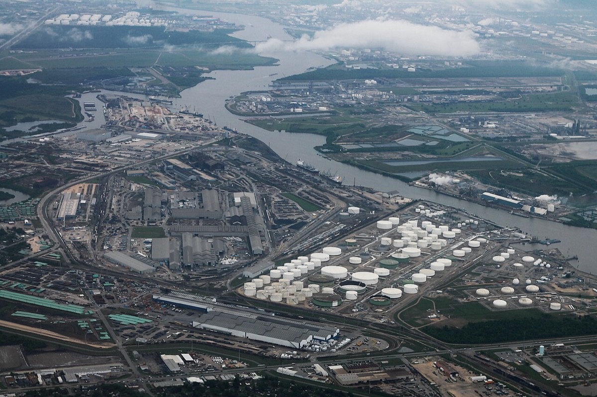 Port of Houston industrial aerial view with container terminal and chemical terminals in the foreground, representing the US chemical import gateway where Section 301 List 3 duties of 25% are still being assessed on Chinese origin freight after the November 2023 APEC summit